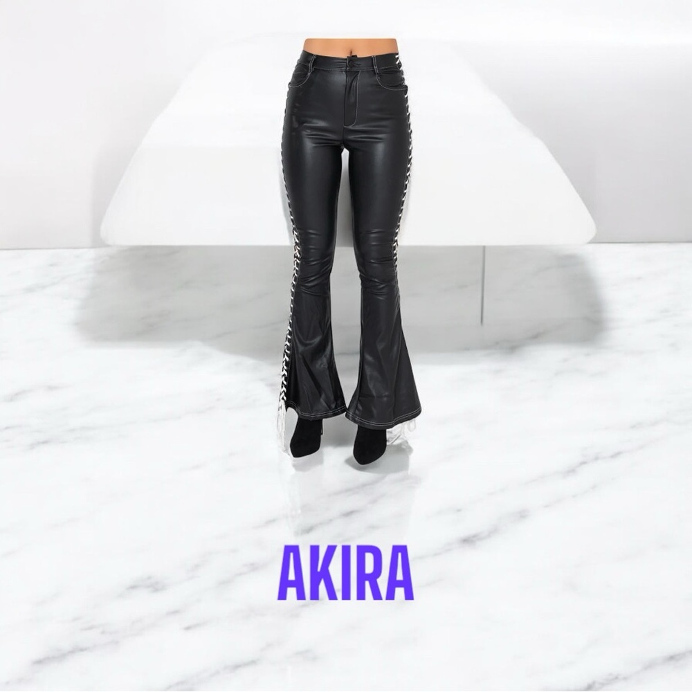 AKIRA Dirty Lace Up Faux Black Leather Flare Pants NWOT sz M